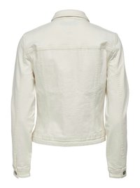 Vue arrière d'une veste en denim ajustée de couleur blanc cassé avec poignets à boutons et détails de coutures apparentes.