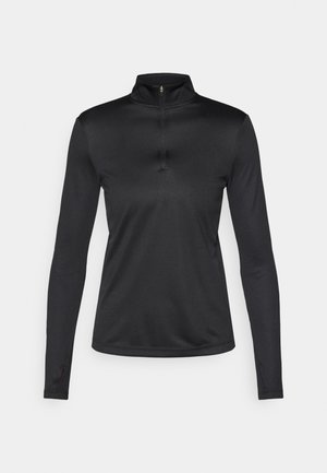 Μαύρο μακρυμάνικο τοπ με φερμουάρ τέταρτου μήκους, κατασκευασμένο από λεία, ελαστική ύφανση με εφαρμοστή σχεδίαση και οπές για τον αντίχειρα στα μανίκια για επιπλέον άνεση.