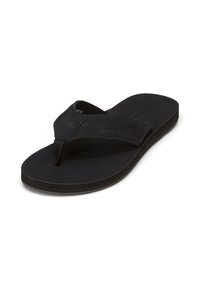 Black flip-flop sandal with a textured rubber sole, soft fabric straps, and a thong design. Features subtle branding on the upper strap.