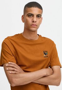 Brun bomulds T-shirt med rund halsudskæring, korte ærmer og et firkantet broderet mærke med teksten "BORN LUCKY" og et grafik.