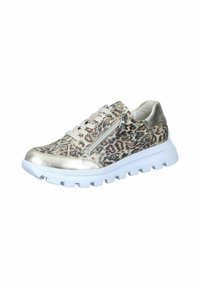 Sneaker mit Leopardenmuster und goldenen Metallic-Akzenten, weißer Gummisohle, Schnürung an der Vorderseite und seitlichem Reißverschluss. Weicher Stoff und sportliches Design.