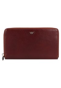 Portafoglio in pelle rossa con una superficie liscia, dotato di chiusura con cerniera e di un piccolo logo sulla parte anteriore. Cuciture decorative lungo i bordi.