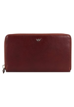 Red leather wallet with a smooth texture, featuring a zipper closure and a small logo emblem on the front. Stitched detailing along the edges.