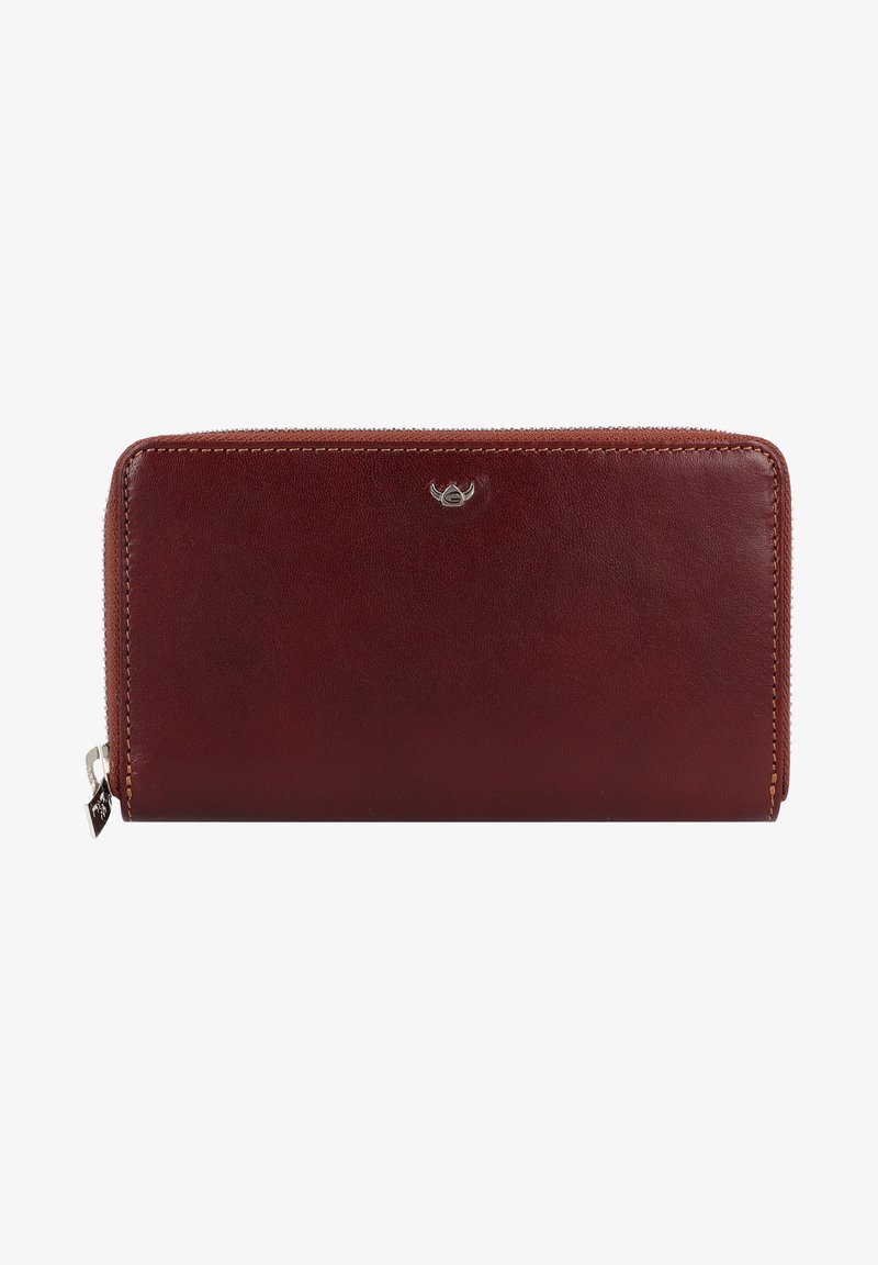Portafoglio in pelle rossa con una superficie liscia, dotato di chiusura con cerniera e di un piccolo logo sulla parte anteriore. Cuciture decorative lungo i bordi.