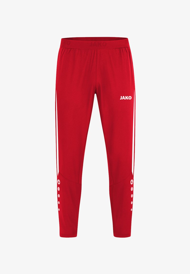 Rote Sporthosen aus leichtem Material, mit einem weißen Logo, seitlichen Akzenten und gemusterten Knöpfen entlang des Unterschenkels.