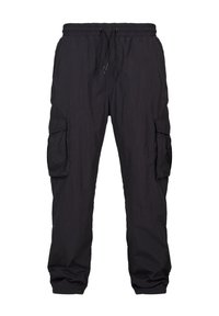 Schwarze Cargo-Hosen aus leichtem Stoff, mit einem elastischen Taillenbund und Kordelzug, mehreren Taschen und einer lockeren Passform.