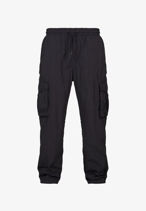 Pantalones cargo negros hechos de tejido ligero, con una cinturilla elástica y cordón, múltiples bolsillos y un ajuste relajado.