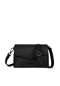 Černá kožená crossbody taška s texturovaným povrchem, překlopným víkem a nastavitelným popruhem. Na přední straně je zdobena logem.