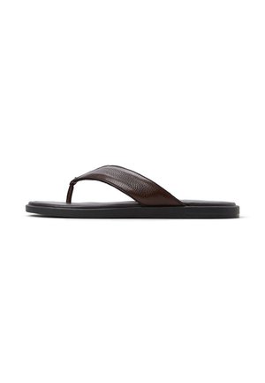 Enkelt mørkebrun læder-flipflop sandal med sort flad sål, vist i sideprofil på hvid baggrund.