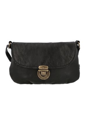 Bolso bandolera de cuero negro con solapa curva y cierre de giro de latón antiguo, correa ajustable fijada a ambos lados.