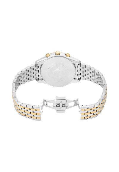 Bracelet de montre en métal argenté et doré avec une boucle déployante et le dos d’un boîtier de montre rond avec deux boutons dorés et une couronne.