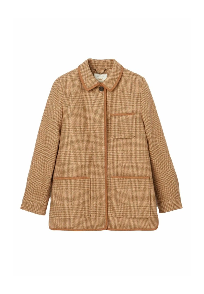 Brown check-patterned coat with a collar, two front pockets, and contrasting trim. Button closure at the neck. Textured fabric.
