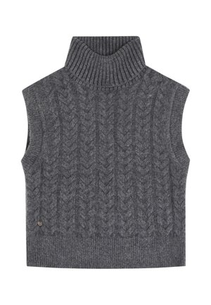 Suéter sin mangas de punto gris con cuello alto y patrón de trenzado, con ribetes en el cuello y el dobladillo, hecho de una tela suave.