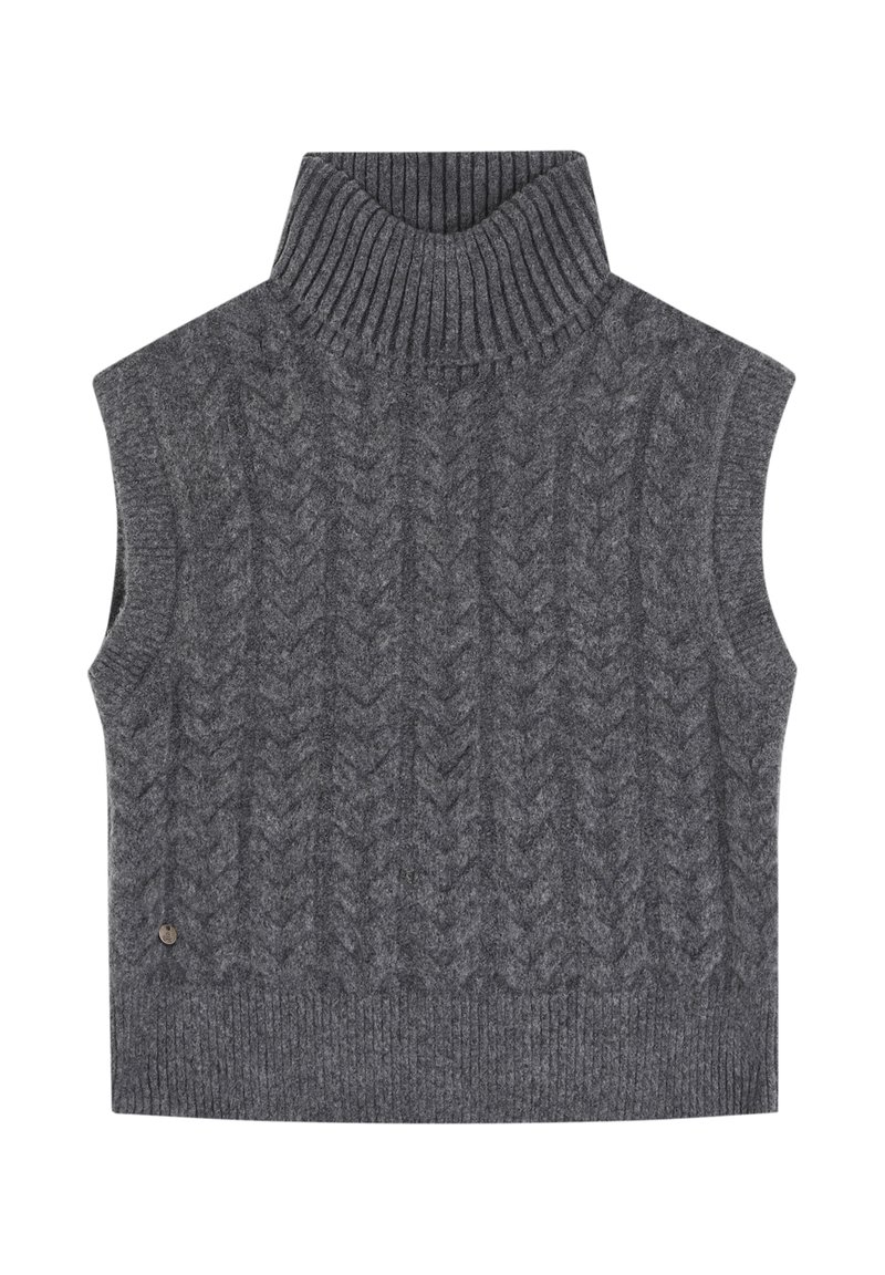 Gray knitted sleeveless turtleneck sweater featuring a cable knit pattern, ribbed neckline, and hem, made from a soft fabric.