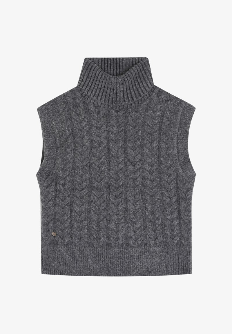 Pull en maille gris sans manches à col roulé, présentant un motif en torsades, un col et un ourlet côtelés, fabriqué dans un tissu doux.