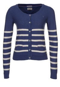 Cardigan blu navy con strisce orizzontali bianche, in maglia, con maniche lunghe, chiusura con bottoni e due tasche frontali.