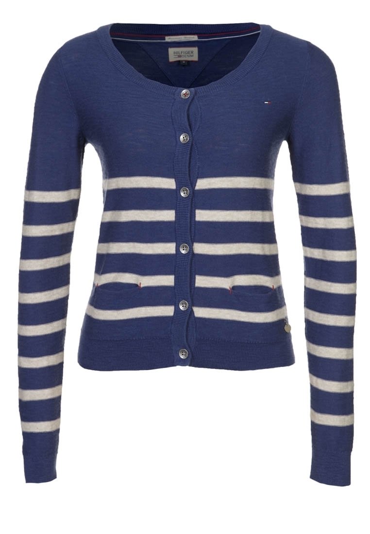 Cardigan blu navy con strisce orizzontali bianche, in maglia, con maniche lunghe, chiusura con bottoni e due tasche frontali.