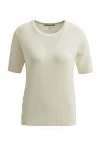 Kurzarmpullover in Creme aus weichem Stoff, mit rundem Halsausschnitt und gerippten Säumen für eine bequeme Passform.