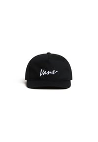 Sort kasket lavet af slidstærkt stof med en flad skygge, med broderet "Vans" logo i hvidt foran. Klassisk, struktureret design.