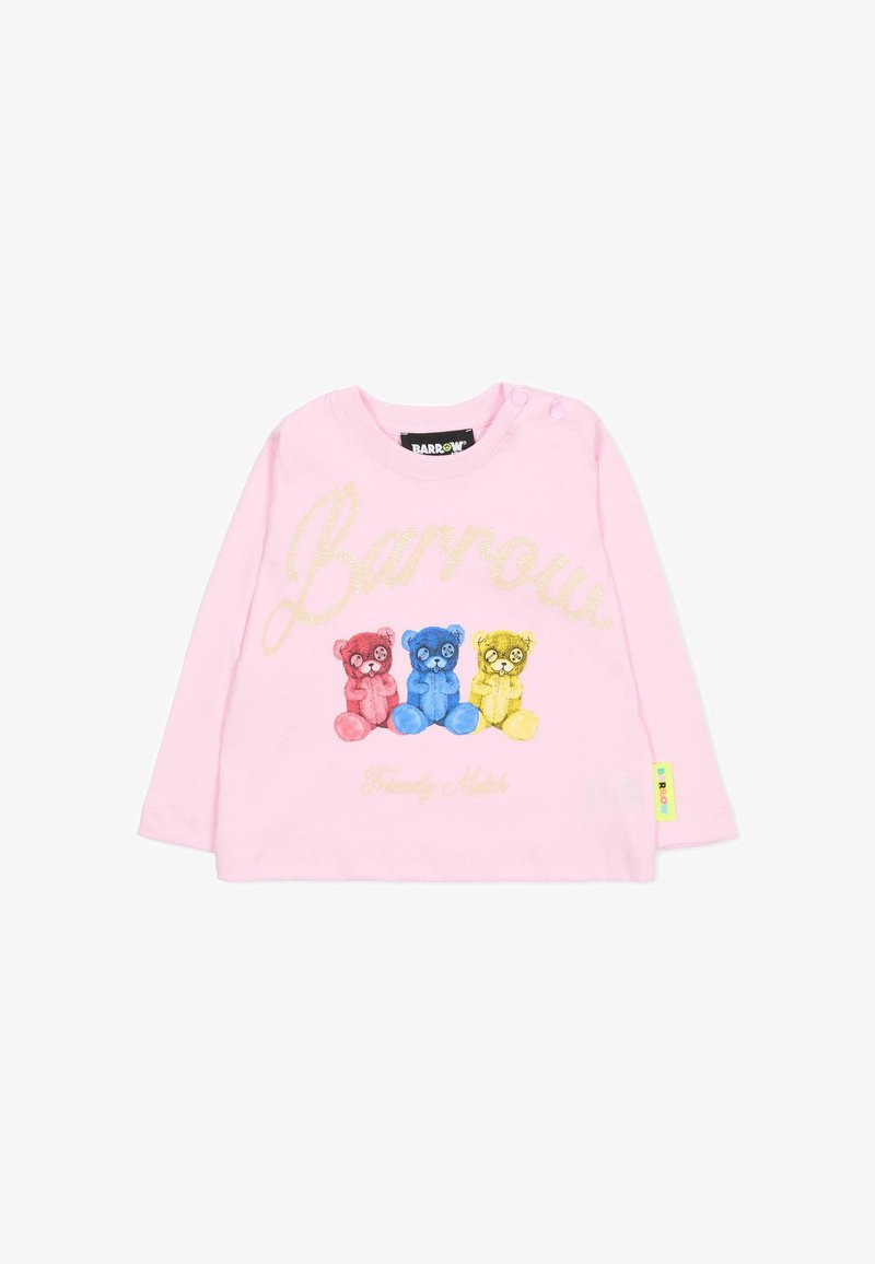 Roze t-shirt met lange mouwen met drie cartoon teddyberen in rood, blauw en geel. Met "Barrow" in glitterletters en knoopdetails.