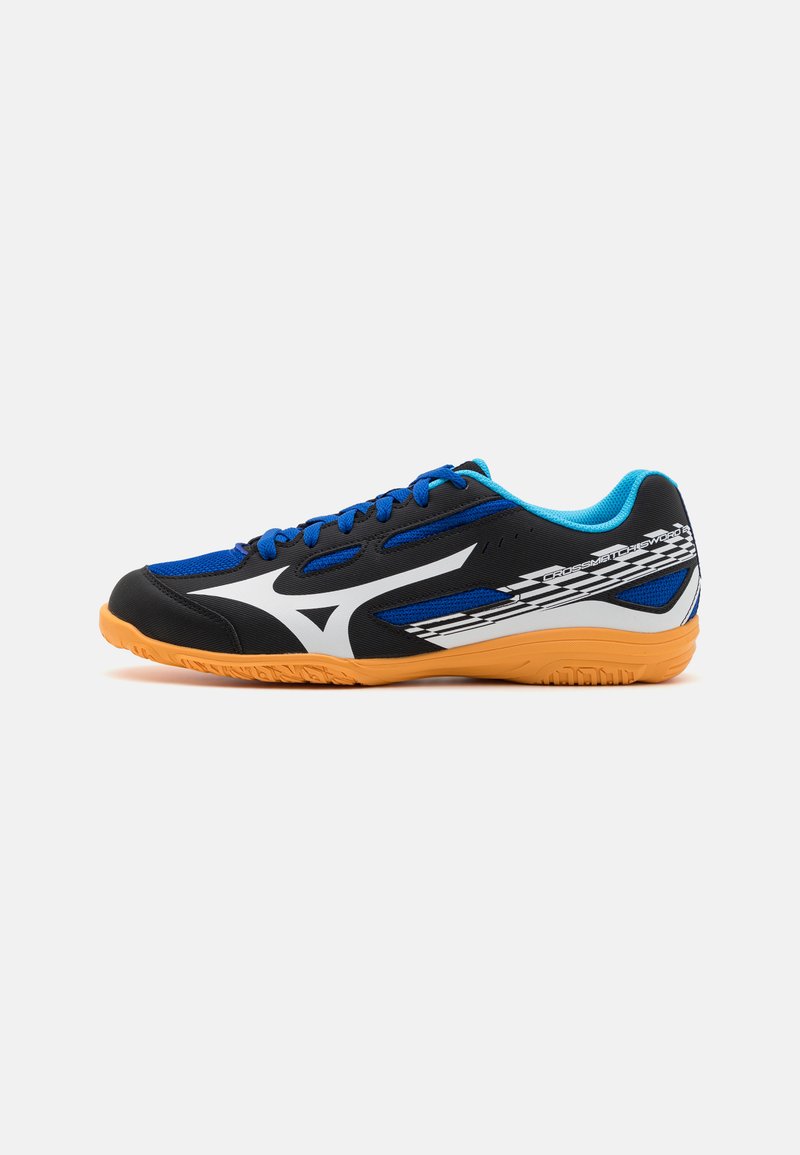 Black and blue athletic shoes with white accents and orange rubber sole. Features mesh upper, round toe, and textured details on the sole.