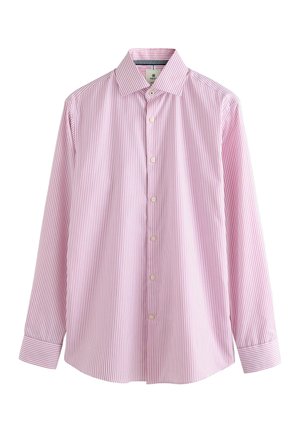 Rosa- und weißgestreiftes Langarmhemd mit Kragen, das über eine durchgehende Knopfleiste und klassische Umschlagmanschetten verfügt. Der Stoff ist glatt und leicht.