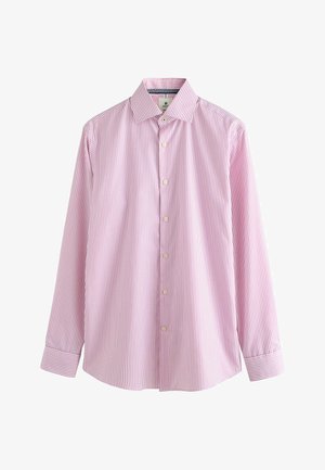 Rosa- und weißgestreiftes Langarmhemd mit Kragen, das über eine durchgehende Knopfleiste und klassische Umschlagmanschetten verfügt. Der Stoff ist glatt und leicht.