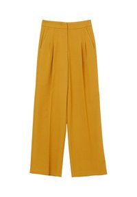 Pantaloni a gamba larga di un vivace colore senape, con una vita strutturata e pince frontali, realizzati in un tessuto testurizzato.