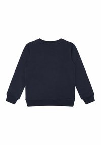 Felpa girocollo blu navy con maniche lunghe, polsini e orlo a costine. Texture morbida, senza motivi o accenti visibili.