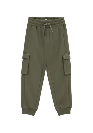 Jogger nohavice vo vojenskom štýle olivovo zelenej farby s elastickým pásom, sťahovacou šnúrkou, bočnými vreckami na zips a klopovými vreckami na nohaviciach.