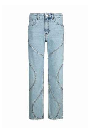Jeans in denim azzurro chiaro con design a gamba dritta, caratterizzati da motivi di cuciture curve e accenti metallici lungo le cuciture.