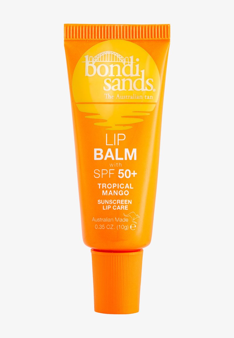 Tube de baume à lèvres Bondi Sands orange avec écran solaire SPF 50+, parfum mangue tropicale, et étiquette fabriquée en Australie.