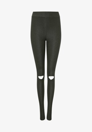 Mustat, venyvät legginsit, joissa on korkea vyötärö ja kaksi polvileikkausta. Sujuva pinta, jossa on hienovarainen kiilto. Kapea istuvuus.