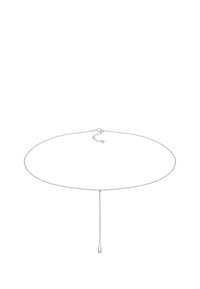 Collier ras du cou en argent avec une chaîne délicate, orné d'un pendentif goutte suspendu à une fine chaîne. Design minimaliste, texture lisse.