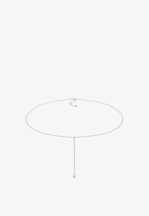 Collier ras du cou en argent avec une chaîne délicate, orné d'un pendentif goutte suspendu à une fine chaîne. Design minimaliste, texture lisse.