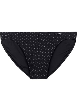 Shorts de bain noirs avec un motif à pois gris clair, dotés d'une texture lisse, d'une doublure intérieure et d'une taille élastique pour un maintien sûr.