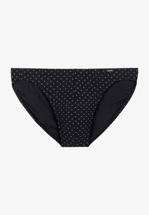 Black swim briefs with a dotted pattern in light grey, featuring a smooth texture, inner lining, and elastic waistband for a secure fit.