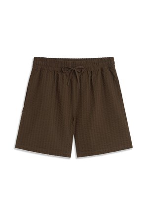 Hnedé šortky s textúrou, elastickým pásom a zaväzovacou šnúrkou v strede prednej časti, zobrazené na bielom pozadí.