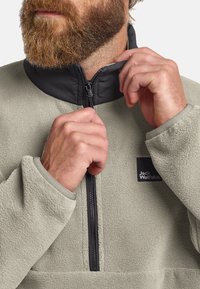 Light gray fleece pullover with a black collar, half-zip front, and elastic cuffs. Features a small Jack Wolfskin logo on the chest.