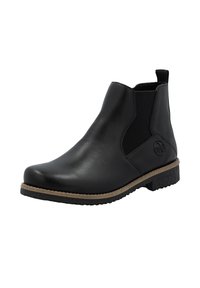 Bottine en cuir noir avec panneaux élastiques sur les côtés, bout rond, petit talon et semelle en caoutchouc texturée. Présente un emblème de logo sur le côté.
