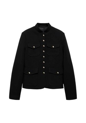 Veste pour femme noire avec col montant, boutons dorés sur le devant et quatre poches à rabat avec fermetures à boutons dorés.