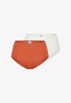 Two pairs of women’s high-waist briefs in solid colors, one orange in front and one off-white behind, on a white background.