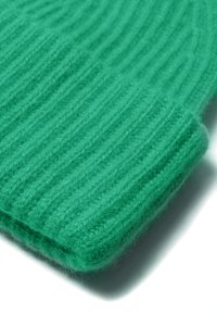 Groene ribgebreide beanie gemaakt van zachte wol; heeft een dikke textuur en een snug fit, met een omgeslagen rand voor extra warmte.