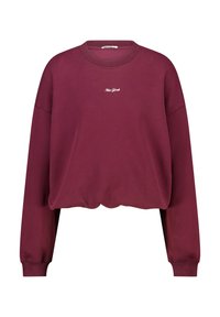 Bordeaux gekropped sweatshirt met lange mouwen, geribbelde manchetten, en witte geborduurde tekst "New York" op de borst.