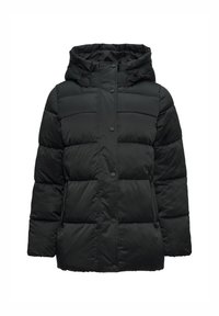 Schwarze Steppjacke mit Kapuze, ausgestattet mit horizontalem Steppmuster, vorderen Druckknöpfen und Seitentaschen. Glattes, leichtes Material.