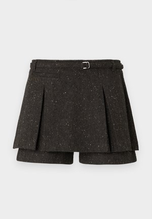 Dark gray speckled wool blend skort with pleats, a side belt with metal buckle, and hidden shorts underneath.