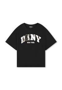 T-shirt noir en coton à manches courtes, présentant un graphique "DKNY NEW YORK" en blanc et or métallique sur le devant.