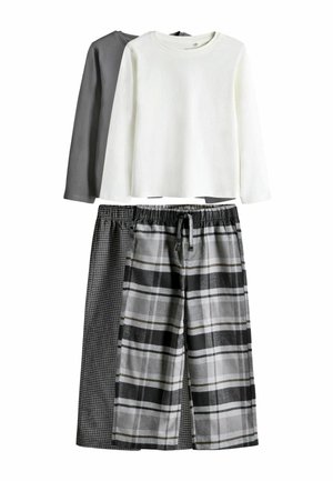 Dos juegos de camisetas de manga larga y pantalones de pijama de cuadros con cintura elástica en tonos gris, negro y blanco, superpuestos y extendidos.