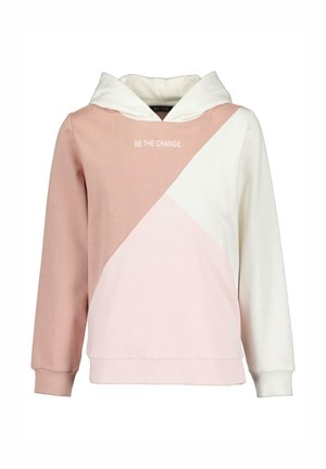 Bluza z kapturem w blokach kolorów: beżowym, różowym i białym, z napisem "BE THE CHANGE" na piersi.