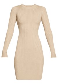 Abito a maglia rigata, beige, maniche lunghe, collo tondo, silhouette attillata, tessuto strutturato, dettagli a costine su tutta la superficie, orlo che arriva a metà coscia.